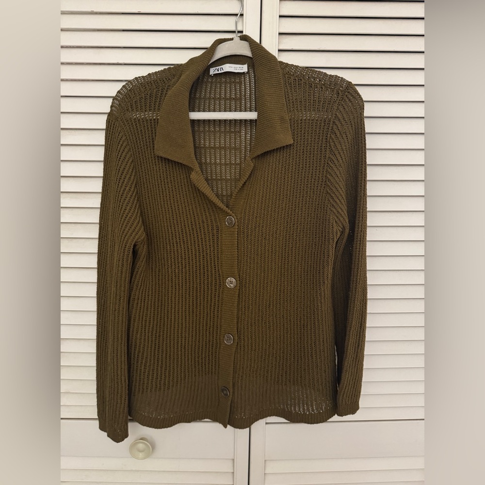 Zara Olive Open-Weave Button Cardigan